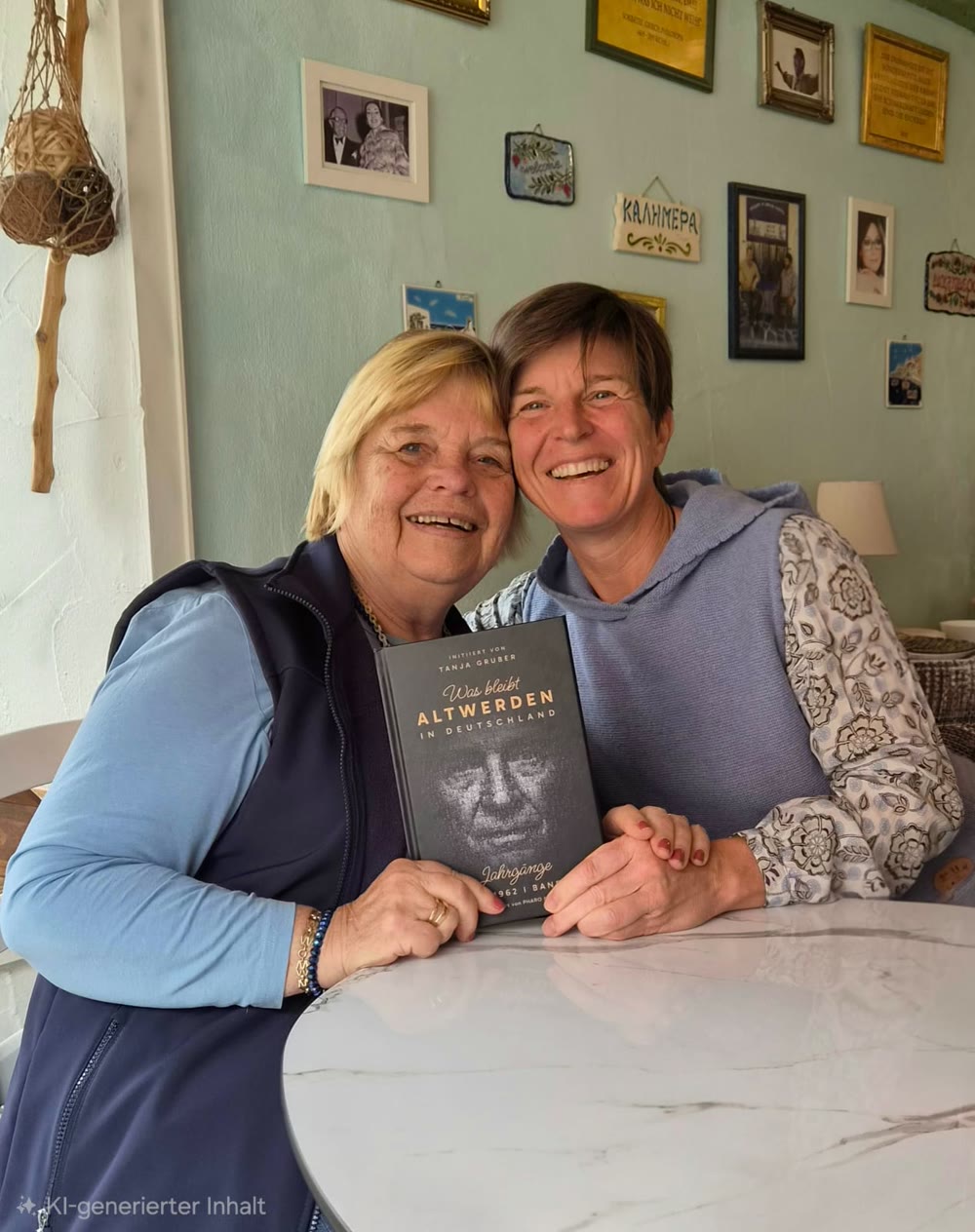 Mutter und Tochter sitzen strahlend an einem Tisch und halten gemeinsam das Buch Altwerden in Deutschland in die Kamera.