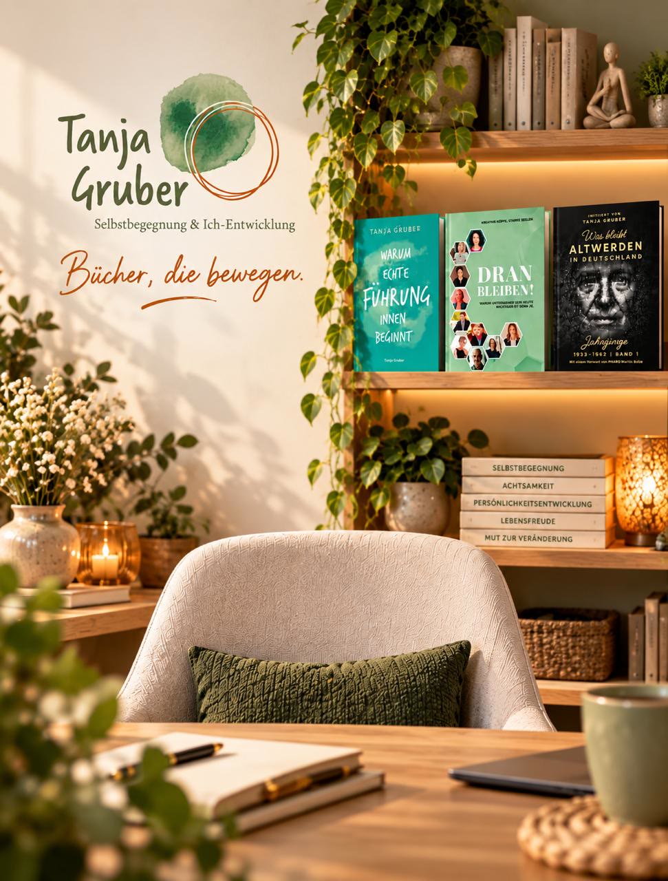 Drei Bücher von Tanja Gruber im Regal: Warum echte Führung innen beginnt, Dranbleiben! und Was bleibt – Altwerden in Deutschland. Daneben der Schriftzug: Bücher, die bewegen.